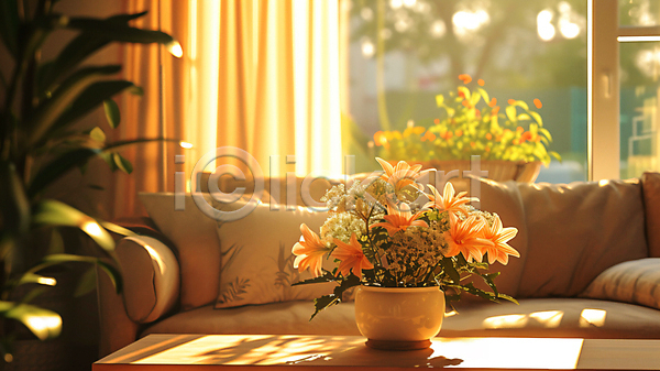 사람없음 JPG 디지털합성 편집이미지 거실 꽃 꽃병 소파 실내 인테리어 주택 창문 커튼 쿠션 탁자 햇빛 화초