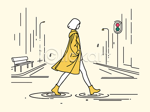 성인 성인여자한명만 여자 한명 AI(파일형식) 일러스트 거리 걷기 길 노란색 라인아트 벤치 비 비(날씨) 신호등 외출 우비 장화 전신