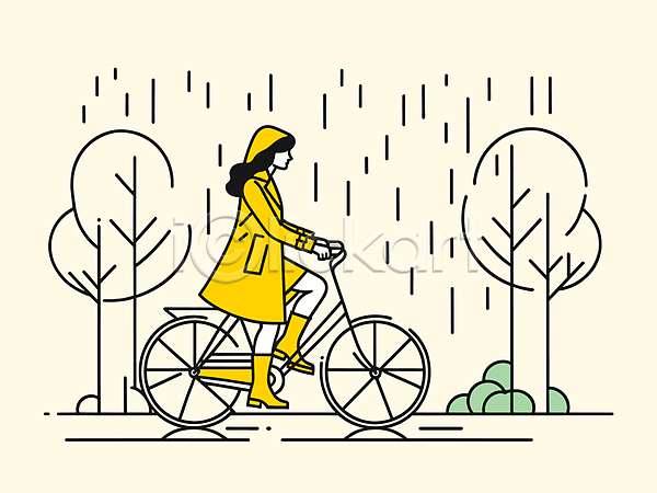 성인 성인여자한명만 여자 한명 AI(파일형식) 일러스트 공원 나무 노란색 라인아트 비(날씨) 외출 우비 자전거 장화 전신