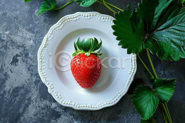 달콤 사람없음 JPG 편집이미지 과일 딸기 잎 접시 초록색