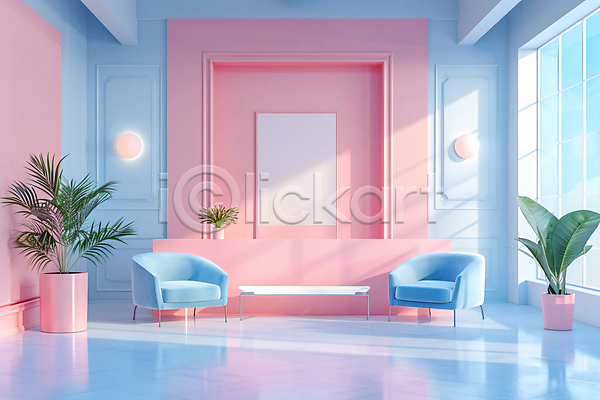 분위기 사람없음 JPG 편집이미지 공간 미니멀 분홍색 유행 의자 인테리어 창문 탁자 하늘색 화분 화초