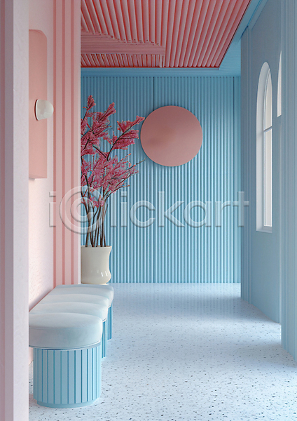 분위기 사람없음 JPG 편집이미지 공간 미니멀 분홍색 유행 의자 인테리어 창문 하늘색 화분 화초