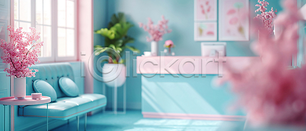 분위기 사람없음 JPG 편집이미지 공간 꽃병 모니터 미니멀 분홍색 액자 유행 의자 인테리어 창문 하늘색 화초
