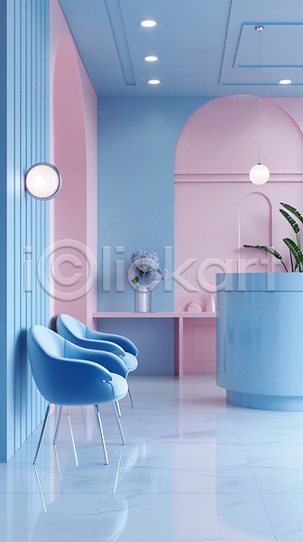 분위기 사람없음 JPG 편집이미지 공간 꽃병 미니멀 분홍색 유행 의자 인테리어 탁자 하늘색 화초
