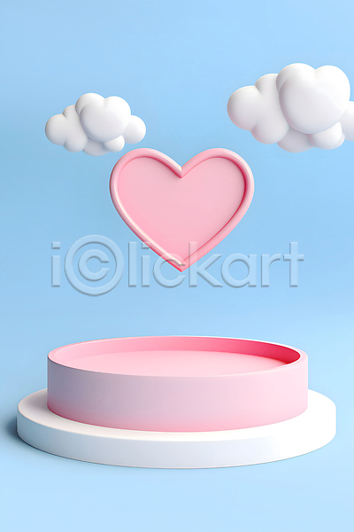 로맨틱 사랑 사람없음 3D JPG 디지털합성 입체 편집이미지 구름(자연) 단상 발렌타인데이 분홍색 포디움 하늘색 하트 화이트데이