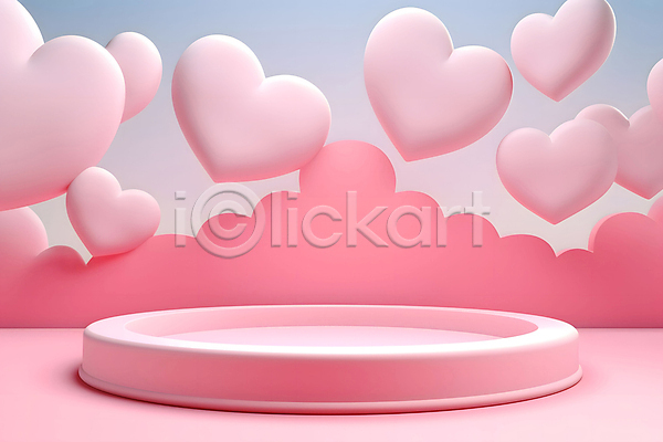 로맨틱 사랑 사람없음 3D JPG 디지털합성 입체 편집이미지 구름(자연) 단상 발렌타인데이 분홍색 포디움 하트 화이트데이