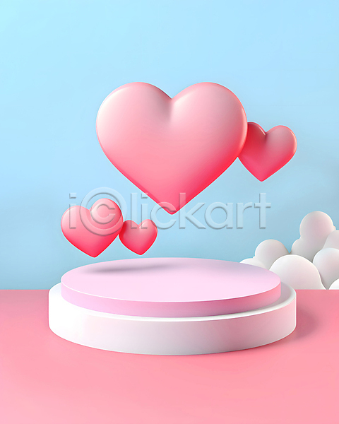 로맨틱 사랑 사람없음 3D JPG 디지털합성 입체 편집이미지 단상 발렌타인데이 분홍색 포디움 하늘색 하트 화이트데이