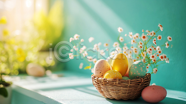 사람없음 JPG 디지털합성 편집이미지 계란 기독교 꽃 담기 바구니 봄 부활절 부활절계란 창문 파스텔톤 편집소스 햇빛