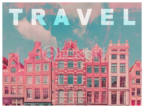 빈티지 사람없음 PSD 디지털합성 편집이미지 건물 네덜란드 분홍색 암스테르담 여행 키치 팝아트 편집소스 포스터