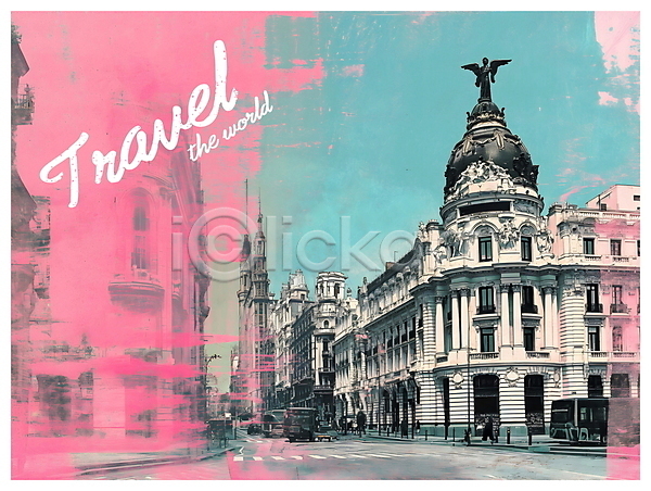 빈티지 사람없음 PSD 디지털합성 편집이미지 거리 건물 마드리드 분홍색 여행 유럽 유럽건축 키치 팝아트 편집소스 포스터