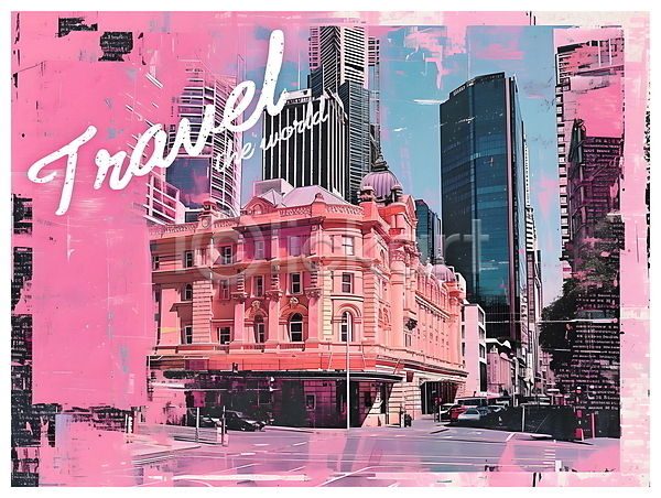 빈티지 사람없음 PSD 디지털합성 편집이미지 건물 도시 도심 분홍색 시드니 여행 키치 팝아트 편집소스 포스터