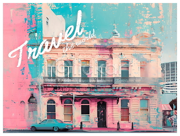 빈티지 사람없음 PSD 디지털합성 편집이미지 건물 분홍색 여행 자동차 키치 팝아트 편집소스 포스터