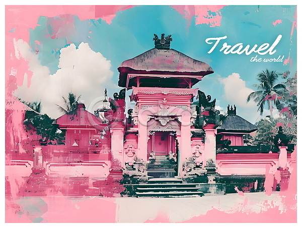 빈티지 사람없음 PSD 디지털합성 편집이미지 건물 문 문화 발리 분홍색 여행 전통 키치 팝아트 편집소스 포스터