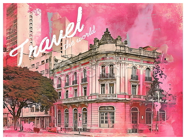 빈티지 사람없음 PSD 디지털합성 편집이미지 건물 분홍색 여행 키치 팝아트 편집소스 포스터