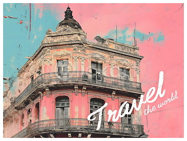 빈티지 사람없음 PSD 디지털합성 편집이미지 건물 분홍색 여행 코너 키치 팝아트 편집소스 포스터