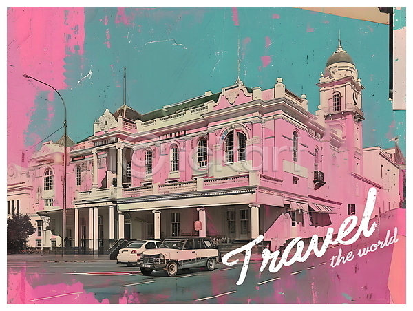 빈티지 사람없음 PSD 디지털합성 편집이미지 건물 분홍색 시청 여행 자동차 키치 팝아트 편집소스 포스터