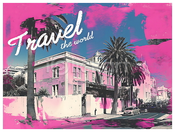 빈티지 사람없음 PSD 디지털합성 편집이미지 건물 분홍색 야자수 여행 열대 키치 팝아트 편집소스 포스터