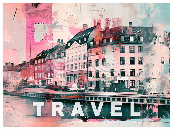 빈티지 사람없음 PSD 디지털합성 편집이미지 건물 덴마크 분홍색 수로 여행 코펜하겐 키치 팝아트 편집소스 포스터