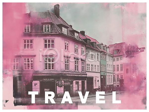 빈티지 사람없음 PSD 디지털합성 편집이미지 거리 건물 구시가지 분홍색 여행 유럽 키치 팝아트 편집소스 포스터