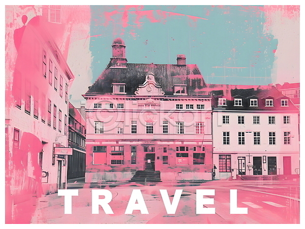 빈티지 사람없음 PSD 디지털합성 편집이미지 건물 광장 랜드마크 분홍색 시청 여행 키치 팝아트 편집소스 포스터
