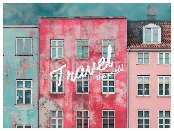 빈티지 사람없음 PSD 디지털합성 편집이미지 건물 분홍색 여행 코펜하겐 키치 팝아트 편집소스 포스터
