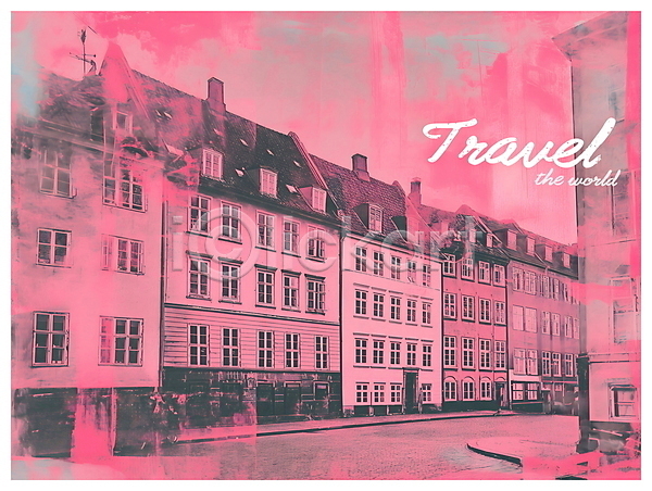 빈티지 사람없음 PSD 디지털합성 편집이미지 건물 덴마크 분홍색 여행 코펜하겐 키치 팝아트 편집소스 포스터
