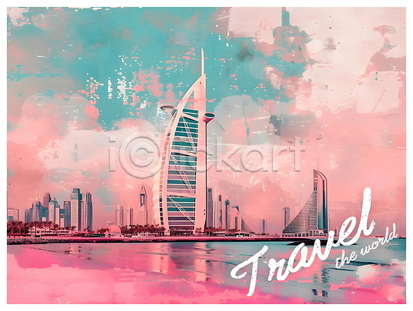 고급 빈티지 사람없음 PSD 디지털합성 편집이미지 건물 두바이 랜드마크 분홍색 스카이라인 여행 키치 팝아트 편집소스 포스터