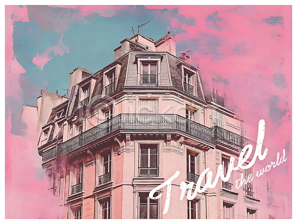 빈티지 사람없음 PSD 디지털합성 편집이미지 건물 도시 모퉁이 발코니 분홍색 여행 키치 파리(프랑스) 팝아트 편집소스 포스터 프랑스어