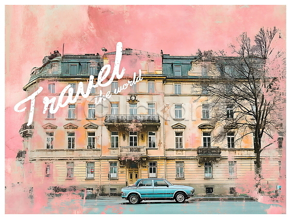 빈티지 사람없음 PSD 디지털합성 편집이미지 거리 건물 분홍색 여행 유럽 자동차 키치 팝아트 편집소스 포스터