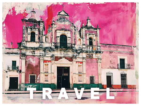 빈티지 사람없음 PSD 디지털합성 편집이미지 건물 교회 분홍색 여행 종교 키치 팝아트 편집소스 포스터