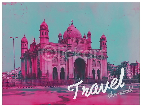 빈티지 사람없음 PSD 디지털합성 편집이미지 건물 건축물 랜드마크 뭄바이 분홍색 여행 키치 팝아트 편집소스 포스터