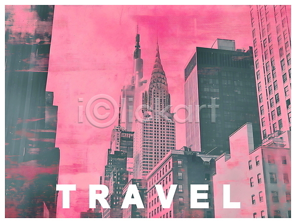 빈티지 사람없음 PSD 디지털합성 편집이미지 건물 뉴욕 도시 분홍색 스카이라인 여행 키치 팝아트 편집소스 포스터