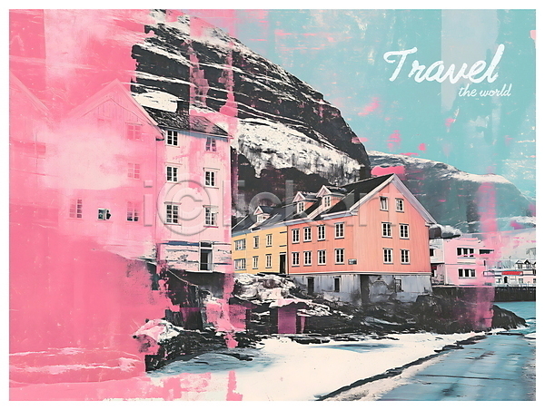 빈티지 사람없음 PSD 디지털합성 편집이미지 건물 노르웨이 마을 분홍색 여행 자연 주택 키치 팝아트 편집소스 포스터 해변