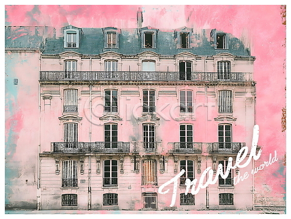 빈티지 사람없음 PSD 디지털합성 편집이미지 건물 분홍색 아파트 여행 키치 파리(프랑스) 팝아트 편집소스 포스터