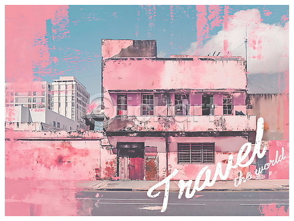 빈티지 사람없음 PSD 디지털합성 편집이미지 건물 도시 분홍색 여행 키치 팝아트 편집소스 포스터