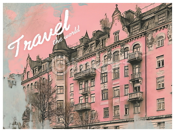 빈티지 사람없음 PSD 디지털합성 편집이미지 건물 발코니 분홍색 여행 키치 팝아트 편집소스 포스터