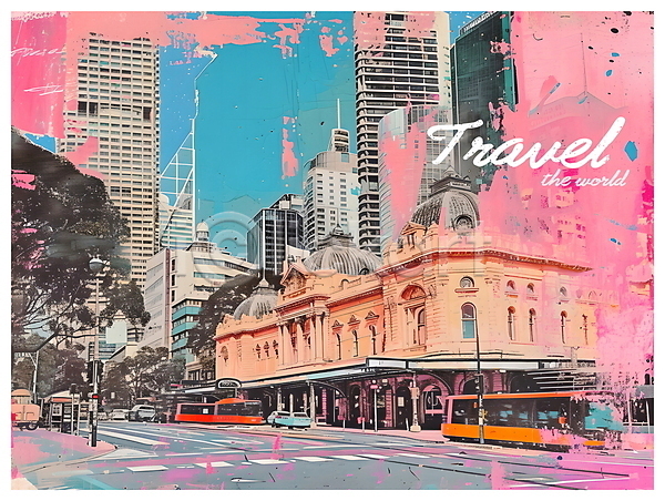 빈티지 사람없음 PSD 디지털합성 편집이미지 건물 도시 도시풍경 분홍색 시드니 여행 키치 트램 팝아트 편집소스 포스터