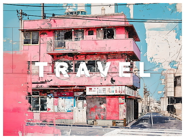 빈티지 사람없음 PSD 디지털합성 편집이미지 건물 도시 분홍색 여행 일본 키치 팝아트 편집소스 포스터