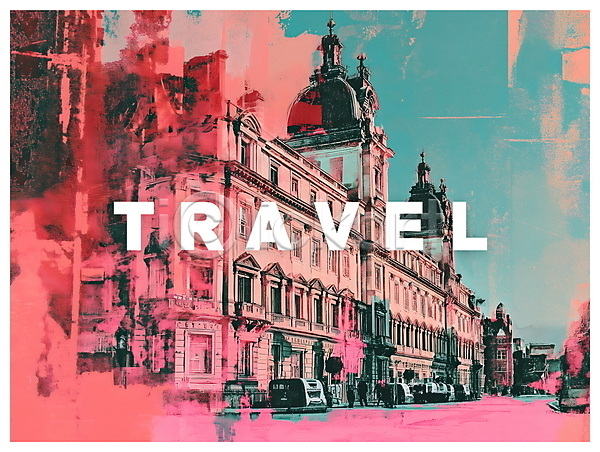 빈티지 사람없음 PSD 디지털합성 편집이미지 건물 도시 분홍색 여행 유럽 키치 팝아트 편집소스 포스터