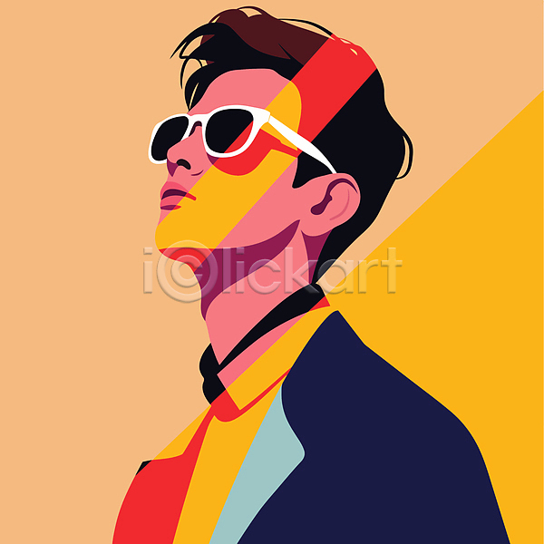 남자 성인 성인남자한명만 한명 AI(파일형식) 일러스트 MZ세대 Y2K 모던 상반신 선글라스 스타일 컬러풀 패션
