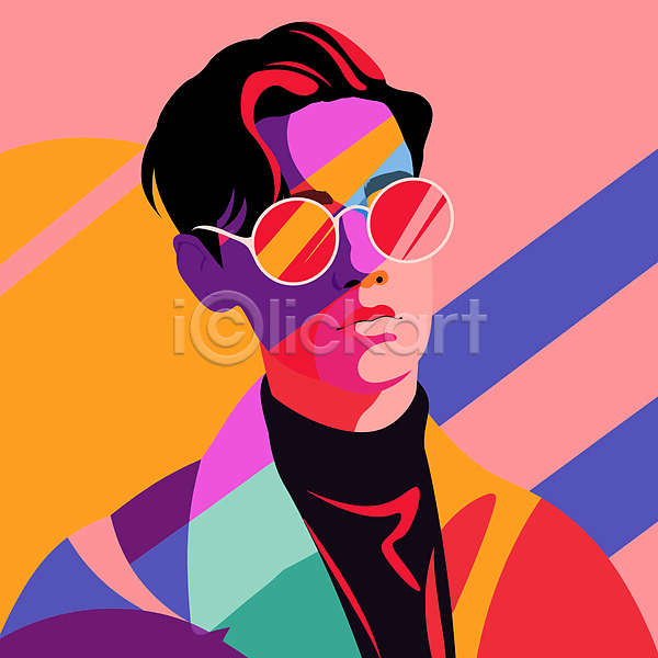 남자 성인 성인남자한명만 한명 AI(파일형식) 일러스트 MZ세대 Y2K 모던 상반신 선글라스 스타일 컬러풀 패션