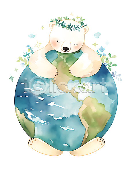보호 사람없음 JPG 디지털합성 일러스트 눈감음 북극곰 수채화(물감) 에코 자연보호 잠 지구 편집소스 포옹 한마리 환경
