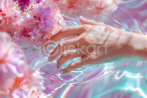 신체부위 JPG 디지털합성 편집이미지 꽃 물 물방울 반사 봄 빛 손 손짓 수면 잔물결