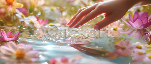 신체부위 JPG 디지털합성 편집이미지 꽃 물 물방울 반사 봄 빛 손 손짓 수면 잔물결