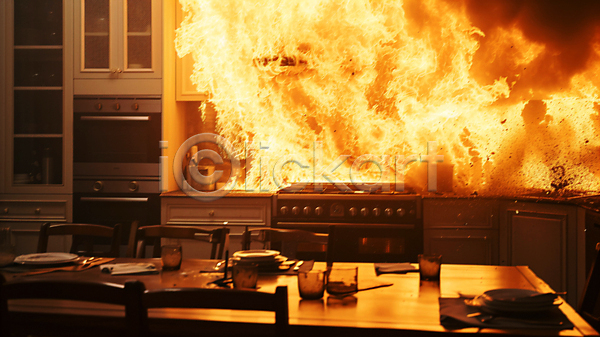 사람없음 JPG 디지털합성 편집이미지 가스레인지 긴급 불 불꽃(불) 식기도구 식탁 아파트 연기 조심 주방 화재