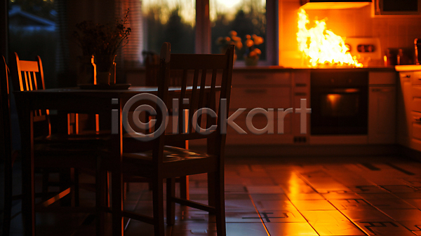 사람없음 JPG 디지털합성 편집이미지 가스레인지 긴급 불 불꽃(불) 식탁 아파트 연기 의자 조심 주방 화재