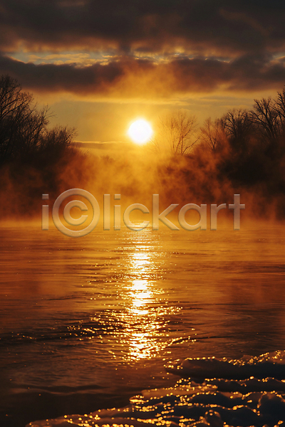 사람없음 JPG 디지털합성 편집이미지 강가 구름(자연) 나무 물 반사 새벽 수면 시작 아침 안개 일출 자연 태양 풍경(경치) 하늘
