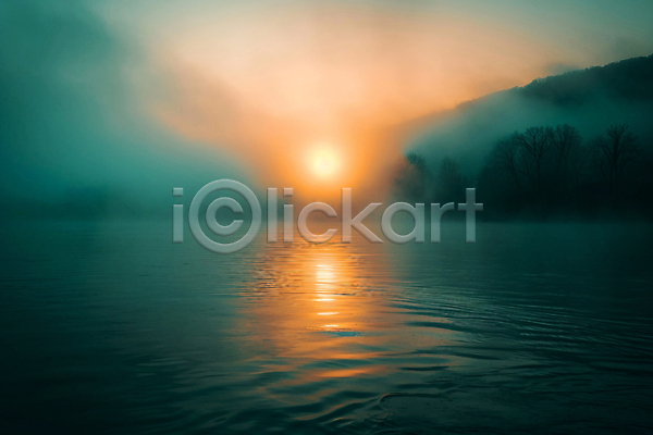 사람없음 JPG 디지털합성 편집이미지 강가 나무 물 반사 산 새벽 수면 시작 아침 안개 일출 자연 태양 풍경(경치) 하늘