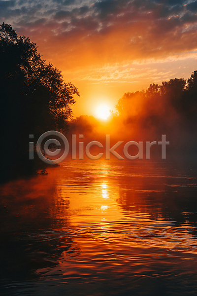 사람없음 JPG 디지털합성 편집이미지 강가 구름(자연) 나무 물 반사 새벽 수면 시작 아침 안개 일출 자연 태양 풍경(경치) 하늘