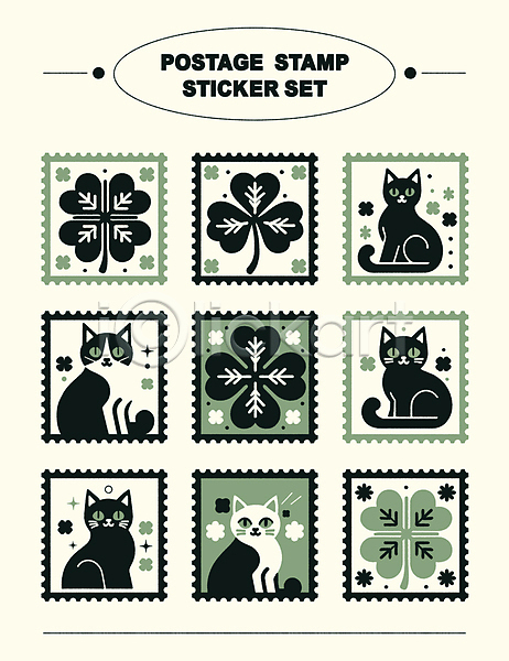 행운 사람없음 AI(파일형식) 일러스트 검은색 고양이 네잎클로버 미니멀 세트 스티커 엘리먼트 우표 장식 초록색 타이포그라피
